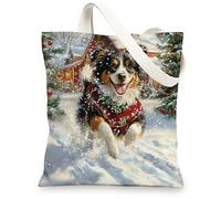 Christmas Australian Shepherd Dog Canvas Tote Bag for Shopping 13x15, Winter Snow Xmas Puppy Reusable Grocery Print Bag for Women, Holiday Pet Aesthetic Painting Gift Decor