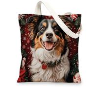 Christmas Australian Shepherd Dog Canvas Tote Bag for Shopping 13x15, Xmas Candy Poinsettia Puppy Reusable Grocery Print Bag for Women, Holiday Pet Beach Aesthetic Painting Gift Decor