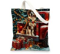 Christmas Australian Shepherd Dog Canvas Tote Bag for Shopping 13x15, Xmas Tree Truck Puppy Reusable Grocery Print Pattern Bag for Women Men, Holiday Fun Aesthetic Painting Gift Decor