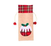 Christmas Bag Wine Bottle Cover, Festive Burlap Hessian Linen Liquor Bottle Wrap with Drawstring Closure, Printed Novelty Xmas Table Decoration for Dinners and Parties
