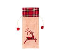 Christmas Bag Wine Bottle Cover Reindeer, Festive Burlap Hessian Linen Liquor Bottle Wrap with Drawstring Closure, Printed Novelty Xmas Table Decoration for Dinners and Parties
