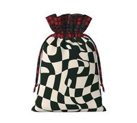 Christmas Bags Drawstring Candy Snack Bag Presents Wrap, Green And Beige Checkered Print Holiday Sacks Treat Pouches