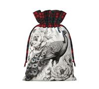 Christmas Bags Drawstring Candy Snack Bag Presents Wrap, Majestic Peacock in Flowers Print Holiday Sacks Treat Pouches