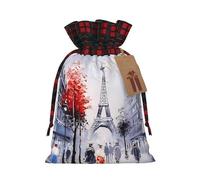 Christmas Bags Drawstring Candy Snack Bag Presents Wrap, Paris City Tree Eiffel Tower Art Print Holiday Sacks Treat Pouches