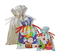 Christmas Bags Drawstring Set of 3 - Small Medium Large Plastic Gift Sacks with Ribbon Closure - Santa & Rudolph, Hot Air Balloon Design, Holographic Stars - Reusable Xmas Present Treat Bags for Kids