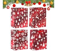 Christmas Bags for Presents, 4 Pack Christmas Paper Gift Bags Multipack, 23 X 18 cm Red Gift Bags for Presents Christmas Supplies, Xmas Gift Bags with Handles, Gift Bags Medium - Snowflakes Elk