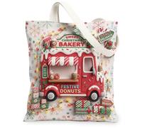 Christmas Bakery Food Truck Canvas Tote Bag 13x15 Inch | Snowflake Pattern, Gift Boxes, Holiday Lights, Bakery Theme, Sweet Treats