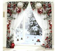 Christmas Ball Holiday Printed Curtains, 2 Panels 2D Flat Printed Red Luxury Xmas Curtains with Snowflakes & Pine Branches, Festive Window Drapes for Living Room & Holiday Party Décor (29.5*64.9 in)