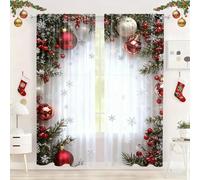 Christmas Ball Holiday Printed Curtains, 2 Panels 2D Flat Semi-Sheer Printed Red Luxury Xmas Print Curtains, with Snowflakes and Pine Branches for Bedroom Living Room Holiday Party Decor (39 * 87in)