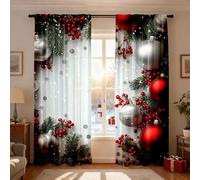 Christmas Ball Holiday Printed Curtains, 2 PCS 2D Flat Printed Red Luxury Xmas Print Curtains with Snowflakes and Pine Branches, for Bedroom Living Room Holiday Party Decor (Colour #4, 75x165cm)