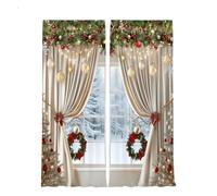 Christmas Ball Holiday Printed Curtains, 2 Pieces 2D Flat Printed Red Luxury Xmas Print Curtains with Snowflakes and Pine Branches for Living Room Bedroom Xmas Decor,Easy Hang,