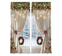 Christmas Ball Holiday Printed Curtains,2Pieces 2D Flat Printed Red Luxury Xmas Print Curtains with Snowflakes and Pine Branches,Holiday Season Classic Art Printeds Holidays Party Decor