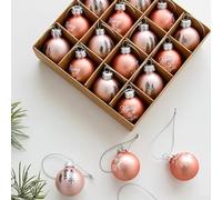 Christmas Ball Ornaments Set 16 PCS Mini Size in Rose Gold Finish with Pine Tree and Merry & Bright Patterns, Lightweight with Hanging Loops, Presented in Box Packaging (tree)