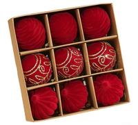 Christmas Ball Set 9 Units with Flocked Velvet Finish Modern Geometry and Uniform Hanging Compatibility for Festive For Tree Styling (Red)