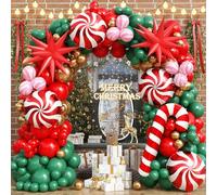 Christmas Balloon Arch 124Pcs Red Green Gold Merry Christmas Balloon Garland Kit with Gingerbread Santa Claus Sugar Cane Balloons Explosion Star Foil Balloon for Xmas Holiday New Year Party Decoration