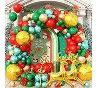 Christmas Balloon Arch Garland Kit, 112Pcs Red Metallic Dark Green Gold Long Latex Balloons with Gold Reindeer 4D Xmas Foil Balloons for Birthday Merry Christmas Party New Year Decorations Supplies