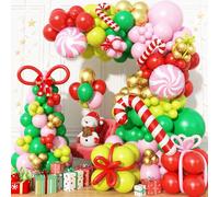 Christmas Balloon Arch Garland Kit, 123Pcs Long Green Red Paster Pink Gold Xmas Balloons with Candy Cane Foil Balloon for Merry Christmas Holiday Birthday Baby Shower Winter New Year Party Decorations