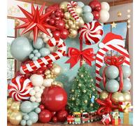 Christmas Balloon Arch Garland Kit, Dusty Pastel Green Metallic Gold White Sand Ruby Red Long Latex Balloons with Large Cane Candy Exploding Star Foil Balloon for Xmas Baby Shower Party Decorations