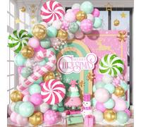 Christmas Balloon Arch Kit 104Pcs Pastel Pink Green Gold Xmas Balloon Garland with Candy Cane Pinwheel Foil Balloons Nut Sugar Sweets Fairy Snow Ice Winter Onederland Holiday Party Decorations Girls