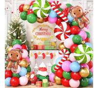 Christmas Balloon Arch Kit 113Pcs Xmas Balloon Garland Pink Blue Red Green Gold Balloons Arch with Gingerbread Man Candy Cane Foil Balloons for New Year Cookie House Gender Reveal Party Decorations