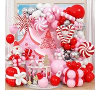 Christmas Balloon Arch Kit 138 Pcs Red Pink Silver White Xmas Balloon Garland Kit with Candy Cane Pinwheel Star Foil Balloons Sweet New Year Winter Onederland Holiday Birthday Party Decorations Gifts