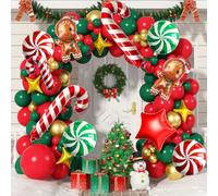 Christmas Balloon Arch Kit Red Green Gold Latex Balloons Garland Large Gingerbread Man Red Green Windmill Mini Crutch Foil Balloons with Four/Five Pointed Star for Xmas New Year Party Decortaion