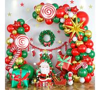Christmas Balloon Arch Kit with Xmas Red Dark Green Gift Box Candy Cane & Gold Explosion Star Foil Balloons Santa Claus Garland for Home Outdoor Christmas New Year Party Decorations