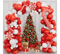 Christmas Balloon Garland Arch Kit - 135 Pcs with Red & White Balloons, Stars & Candy Canes for Indoor Xmas Party Decor
