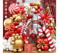 Christmas Balloon Garland Arch Kit, Christmas Red White Gold Balloons with Big Gingerbread Cane Windmill Star Mylar Explosion Star Foil Balloons, Metalic Gold Long Balloon for Christmas Decorations
