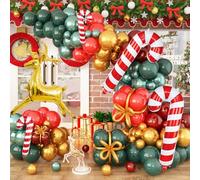 Christmas Balloon Garland Kit, 125 Pack Red Green Gold Deer Arch Kit With Candy Canes, Big Deer Foil Balloons for Merry Christmas Party New Year Supplies Outdoor