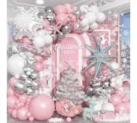 Christmas Balloon Garland Kit, Winter Wonderland Pink White Silver Balloon Arch Kit with Snowflake Star Foil Balloons for Winter Christmas Baby Its Cold Outside Baby Shower Birthday Party Decorations