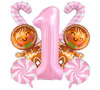 Christmas Balloons - 40 inch Pink Number 1 Balloon - Gingerbread Balloons for Christmas Decorations - Candy Cane Balloon Happy Birthday Party Decorations