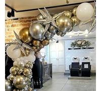 Christmas Balloons Arch Kit, 12 Inch Gold Silver White Balloon with Christmas Silver Starburst Helium Mylar Foil Balloons for Xmas New Year Holiday Wedding Anniversary Birthday Party Decorations