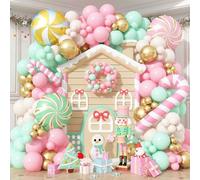 Christmas Balloons Garland Arch Kit, 125pcs Pastel Pink Green Balloon with Candy Cane Peppermint Foil Balloon for Christmas Theme Nutcracker New Year Xmas Holiday Birthday Party Decorations