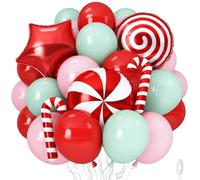 Christmas Balloons Set, 35pcs Xmas Baby Pink Red Light Green and Candy Cane Star Foil Balloons for Merry Christmas Candy Theme Candyland Party Baby Shower Gender Reveal New Year Decorations Supplies