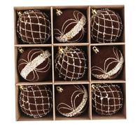 Christmas Balls, 9-Pack Flocked Velvet Christmas Tree Ornaments Shatterproof Hanging Decor with Star Pearl Details, 3.15 Inch Brown