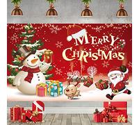 Christmas Banner Backdrop, Large Merry Christmas Banner Decoration, Red Santa Snowman Fabric Xmas Photo Booth Sign Background Decor, Xmas Hanging Backdrop for Indoor Outdoor Party Supplie