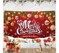 Christmas Banner Backdrop, Red Xmas Background Decorations with Extra Large Merry Christmas Ball Cane Poster Sign Hanging Background Banner for Winter New Year Home Wall Eve Party Decor Supplies