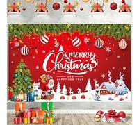 Christmas Banner Decorations Red Merry Christmas and Happy New Year Backdrop Banner Santa Claus Snowman Elk Extra Large Xmas Sign Garage Wall Hanging Poster Photo Background Party Decor, 185x110 cm