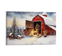 Christmas Barn Wall Art Rustic Country Scene Winter Wonderland Landscape Simple Christmas Home Decor Vintage Farmhouse Scenery Canvas Poster Living Room Holiday Artwork (2) 24x36inch(60x90cm)