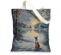 Christmas Basenji Dog Canvas Tote Bag for Shopping 13 * 15, Xmas Snowy Scene Reusable Grocery Shoulder Cloth Bag for Women, Pet Painting Gift Decor