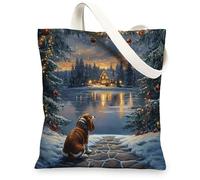 Christmas Basset Hound Dog Canvas Tote Bag for Shopping 13 * 15, Xmas Snowy Scene Reusable Grocery Shoulder Bag for Women, Pet Painting Gift Decor