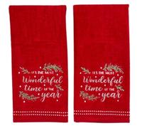 Christmas Bath Hand Towels, 16 x 25 inches, 100% Cotton, Set of 2, Red with Embroidered 'It's The Most Wonderful Time of The Year'