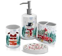 Christmas Bathroom Accessory Set of 4,Beautiful Christmas Bathroom Decor,Christmas Soap Toothbrush Holder Set for Farmhouse Indoor Christmas Bathroom Decoration