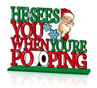 Christmas Bathroom Decorations He Sees You When You're Pooping Wooden Sign | 11.8X9.35 Inch Santa Claus Bathroom Table Decorations Funny Vintage Christmas Decorations Tabletop for Bathroom Toilet Decor