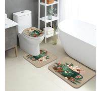 Christmas Bathroom Mat Sets 3 Piece, Festive Gingerbread Biscuit & Greenery Absorbent Non Slip Toilet Rugs U Shaped Washable, Holiday Quick Dry Flannel Bathroom Rug Set