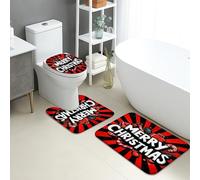 Christmas Bathroom Mat Sets 3 Piece, Festive Red Stripes Merry Christmas Absorbent Non Slip Toilet Rugs U Shaped Washable, Holiday Quick Dry Flannel Bathroom Rug Set