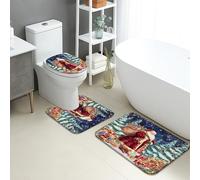 Christmas Bathroom Mat Sets 3 Piece, Festive Santa Claus Winter Wonderland Absorbent Non Slip Toilet Rugs U Shaped Washable, Holiday Flannel Quick Dry Bathroom Rug Set