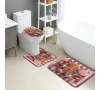 Christmas Bathroom Mat Sets 3 Piece, Gingerbread Man Candy Stripes Absorbent Non Slip Toilet Rugs U Shaped Washable, Festive Quick Dry Flannel Bathroom Rug Set