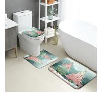 Christmas Bathroom Mat Sets 3 Piece, Peach Xmas Trees Floral Absorbent Non Slip Toilet Rugs U Shaped Washable, Winter Holiday Quick Dry Flannel Bathroom Rug Set
